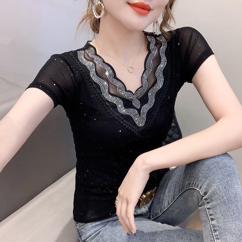 Actual S Of 2025 Short-Sleeved Lace Embroidered Rhinestone T-Shirt, Stylish Leopard Print, Beautiful Back, Slimming Look Top - Image 3