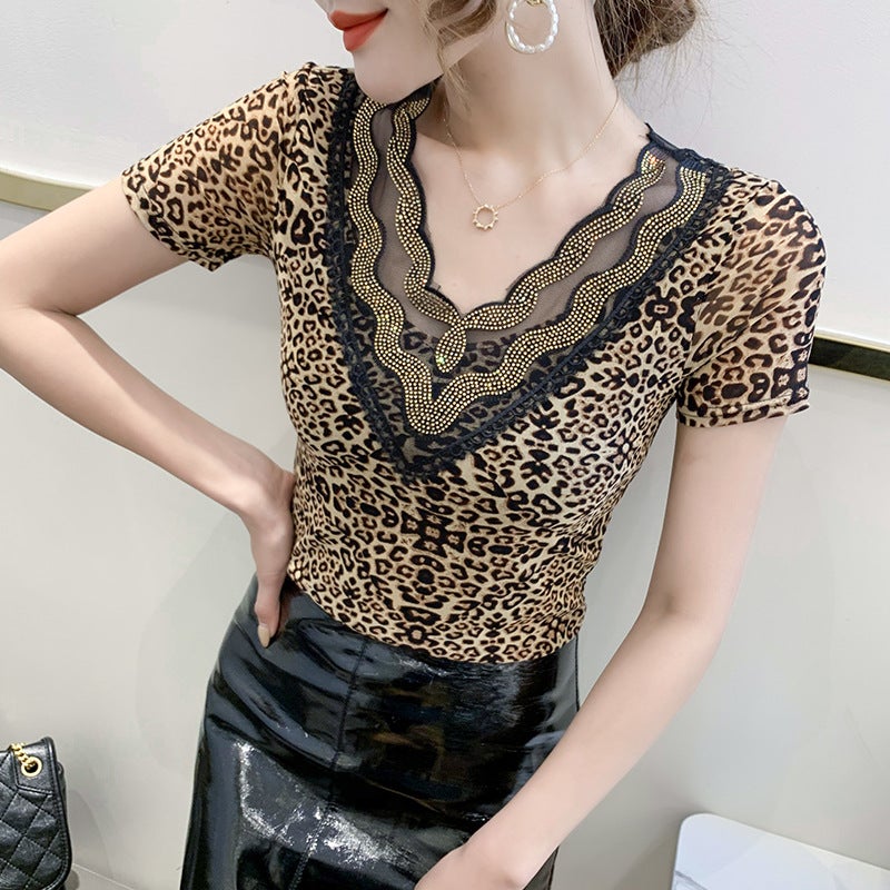 Actual S Of 2025 Short-Sleeved Lace Embroidered Rhinestone T-Shirt, Stylish Leopard Print, Beautiful Back, Slimming Look Top - Image 2
