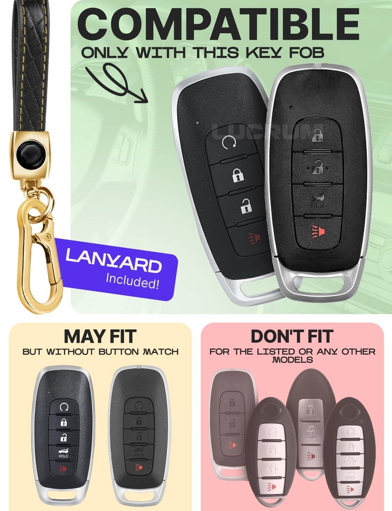 Lucrum Compatible with Nissan Key Fob Cover & Leather Keychain, 4 Buttons Keyfob Case for Pathfinder Rogue Sentra Versa Patrol Armada (2023-2025) - Black and Gold - Image 2