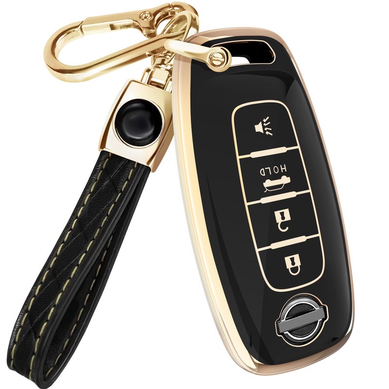 Lucrum Compatible with Nissan Key Fob Cover & Leather Keychain, 4 Buttons Keyfob Case for Pathfinder Rogue Sentra Versa Patrol Armada (2023-2025) - Black and Gold - Image 1