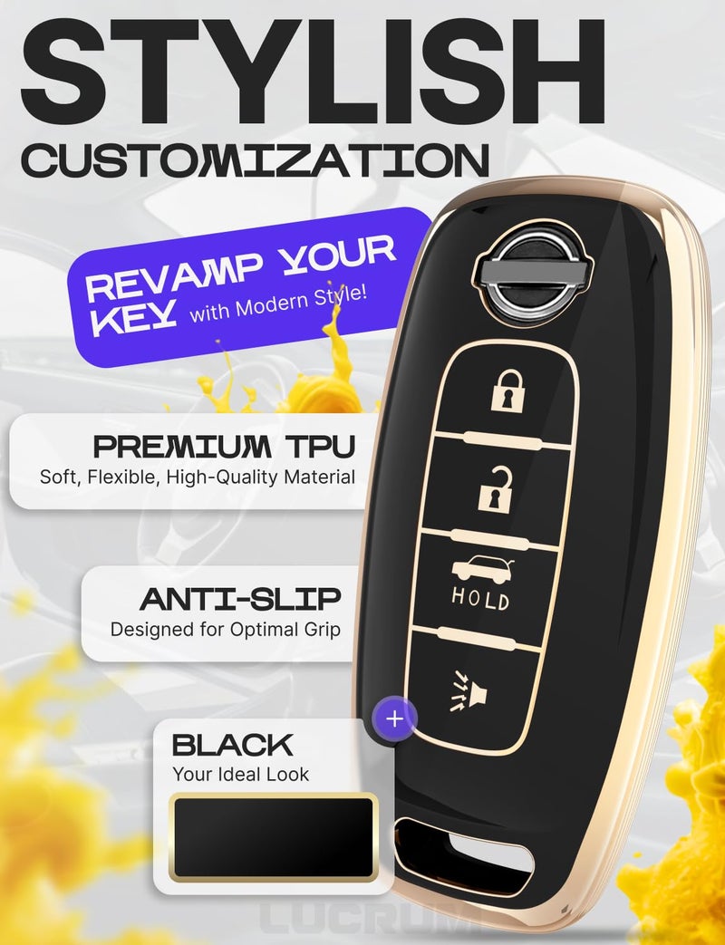 Lucrum Compatible with Nissan Key Fob Cover & Leather Keychain, 4 Buttons Keyfob Case for Pathfinder Rogue Sentra Versa Patrol Armada (2023-2025) - Black and Gold - Image 3