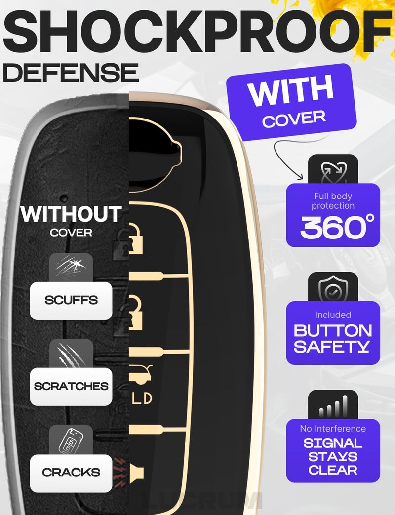 Lucrum Compatible with Nissan Key Fob Cover & Leather Keychain, 4 Buttons Keyfob Case for Pathfinder Rogue Sentra Versa Patrol Armada (2023-2025) - Black and Gold - Image 4