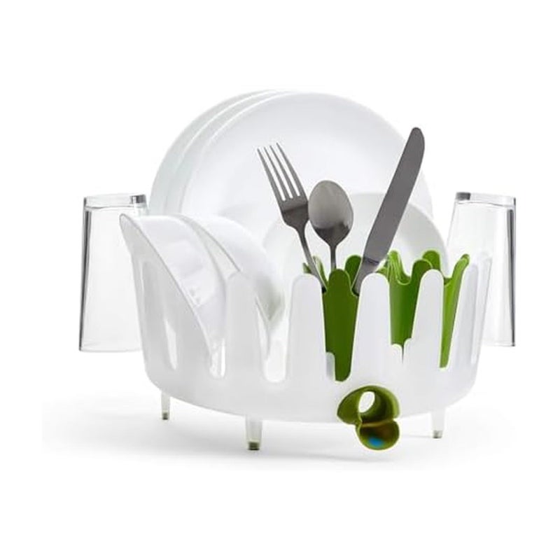 Chef'n Plastic Dish Garden Dish Rack, Compact & Stylish - Ideal for Small Kitchens, Space-Saving Two-Tier Design with Movable Utensil Holders & Drain Spout (White/Green) - Image 1