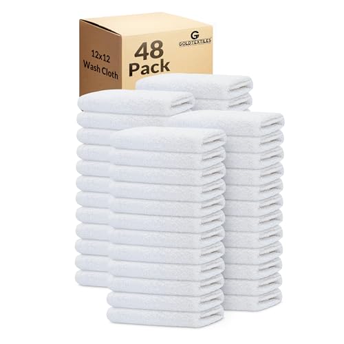 GOLD TEXTILES 48 Pack Economy White Washcloths Set (12x12 inches) - Cotton Blend Commercial Grade Cleaning Rags, Quick Drying & Soft Face Cloths, Fingertip Towels for Bathroom, Spa, Gym, and Kitchen - Image 1