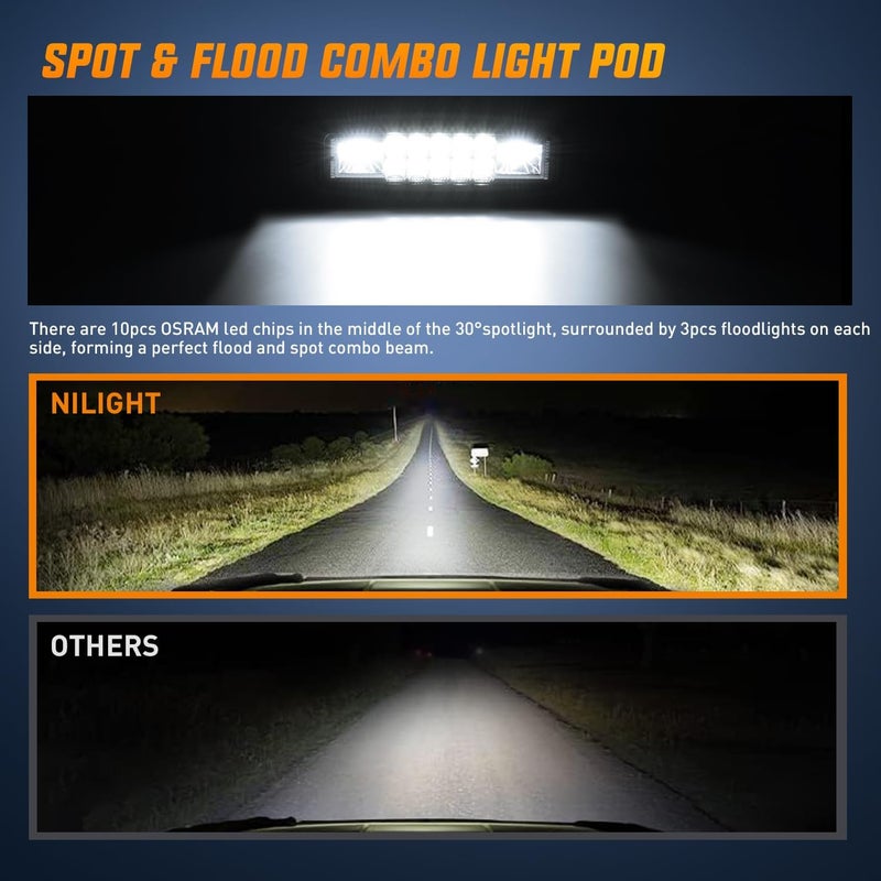 Nilight Flush Mount LED Pods 2PCS 6 Inch 60W LED Work Light Flood Spot Beam Combo Backup Driving Lights Fog Lamp Reverse Grill Mount Lighting for Offroad 4x4 Truck SUV - Image 3