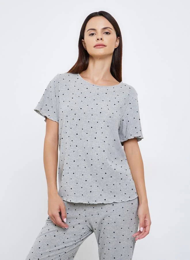 Styli Polka Dot Print Ribbed T-Shirt and Pyjama Set