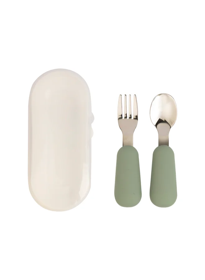 Babies Basic Stainless Steel Cutlery Set With Spoon And Fork With Travel Case - Green