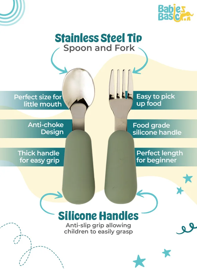 Babies Basic Stainless Steel Cutlery Set With Spoon And Fork With Travel Case - Green