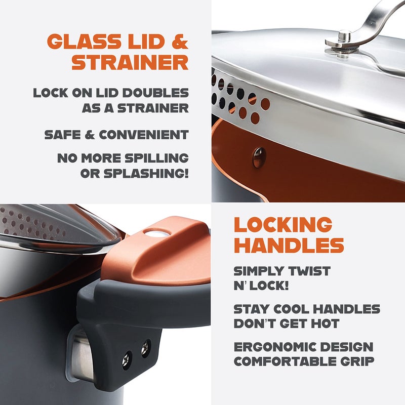 GOTHAM STEEL 5 Qt Ceramic Stock Pot Multipurpose Pasta Pot with Strainer Lid & Twist and Lock Handles, Nonstick Ceramic Pot for Soup, Spaghetti, Rice, Pots for Kitchen, Dishwasher Safe - Copper - Image 3