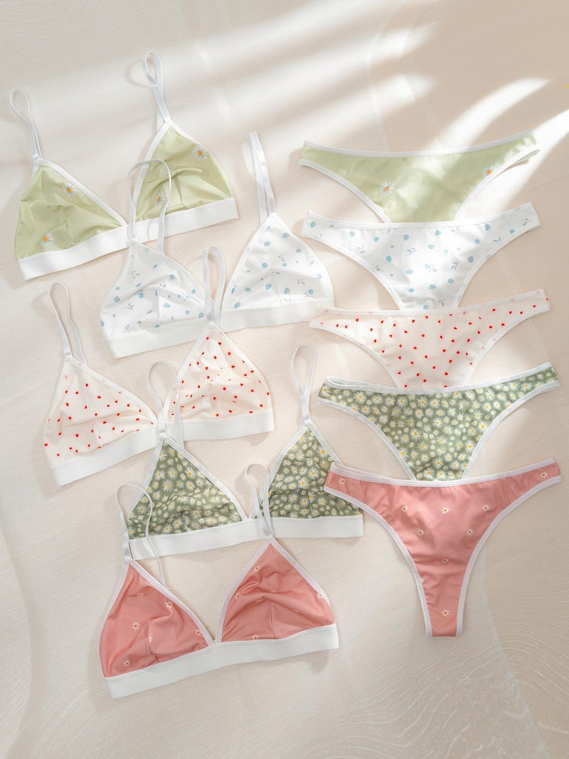 BEAUDRM Women's 5 Sets Matching Bra and Panty Set Polka Dots Print Lingerie Set Triangle Bralettes and Low Rise Thong Set Multicolor Small - Image 4