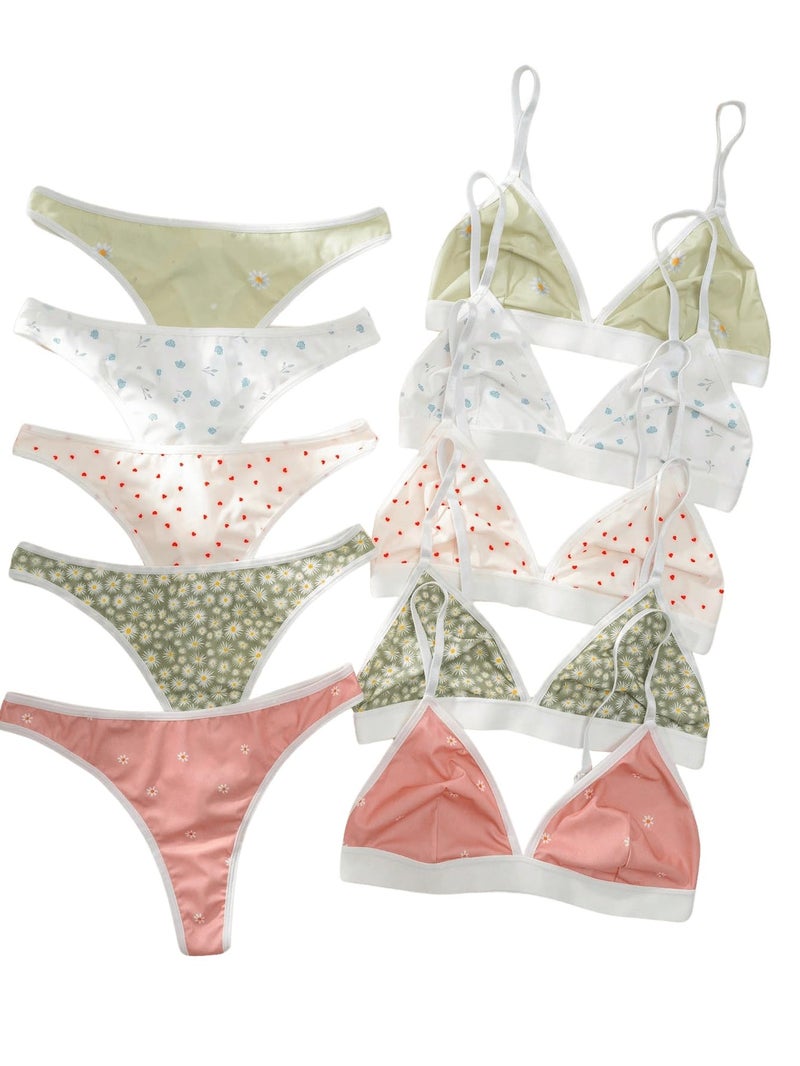 BEAUDRM Women's 5 Sets Matching Bra and Panty Set Polka Dots Print Lingerie Set Triangle Bralettes and Low Rise Thong Set Multicolor Small - Image 1