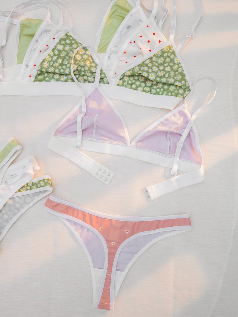 BEAUDRM Women's 5 Sets Matching Bra and Panty Set Polka Dots Print Lingerie Set Triangle Bralettes and Low Rise Thong Set Multicolor Small - Image 3