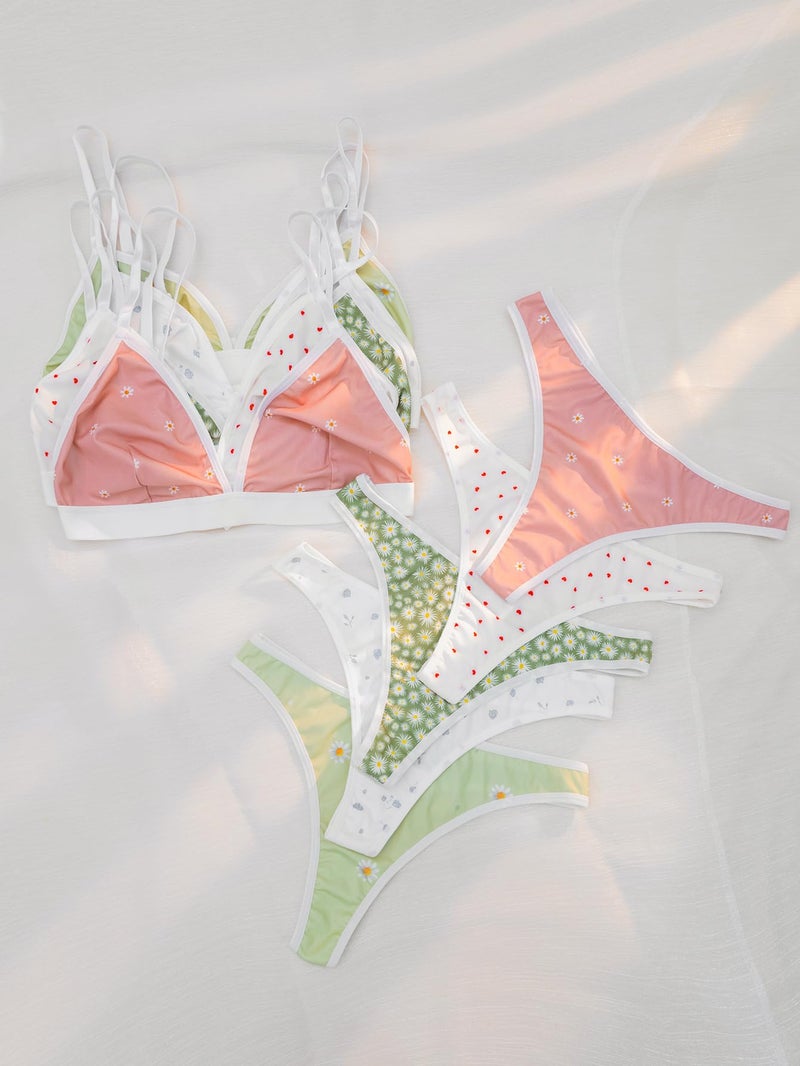BEAUDRM Women's 5 Sets Matching Bra and Panty Set Polka Dots Print Lingerie Set Triangle Bralettes and Low Rise Thong Set Multicolor Small - Image 5