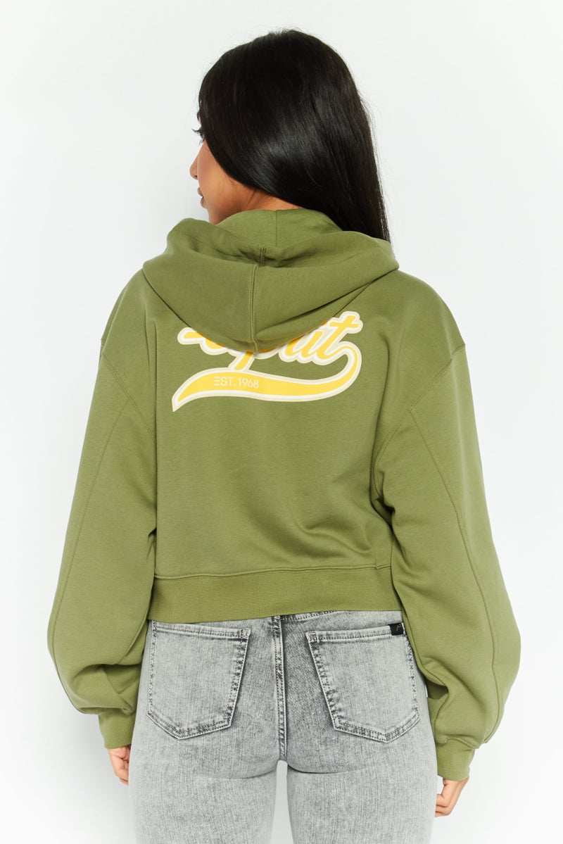 ESPRIT سويت شيرت بقلنسوة بأكمام طويلة مزين بشعار للنساء، زيتوني - Image 4