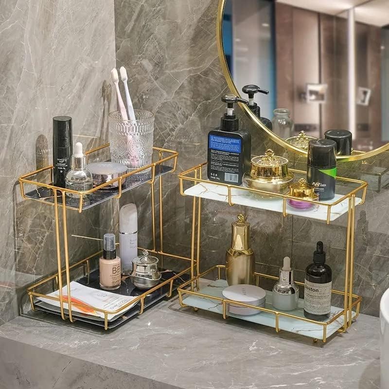 Antole Bathroom Organizer Countertop,Marble Makeup Organizer,Bathroom Organizer Makeup Organizer,Bathroom Organizers and Storage, Cosmetic Shelf for Perfume,Dresser,Toiletries (2Tier-White Gold) - Image 1