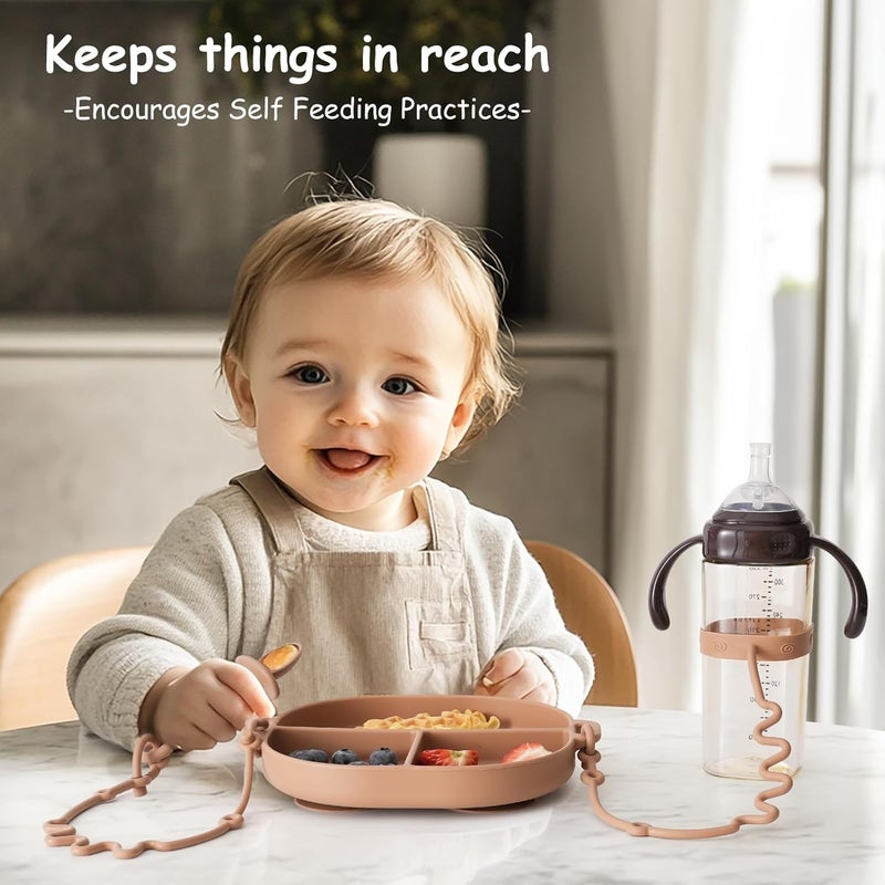 YIVEKO Baby Feeding Set with Silicone Divided Plate Toy Straps Spoon Tether Cup Holder Strap Anti Drop Toddler Mealtime Set for Baby Led WeaningBlush - Image 5