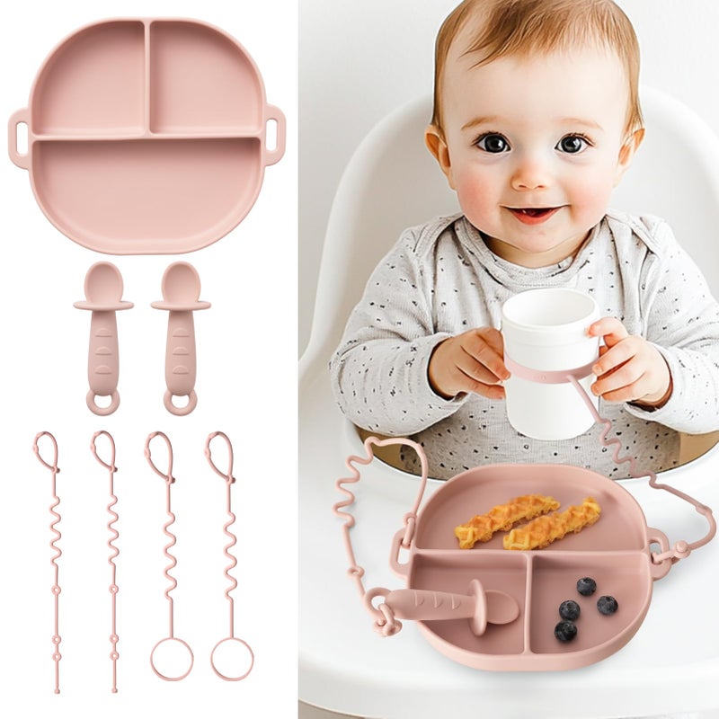 YIVEKO Baby Feeding Set with Silicone Divided Plate Toy Straps Spoon Tether Cup Holder Strap Anti Drop Toddler Mealtime Set for Baby Led WeaningBlush - Image 3