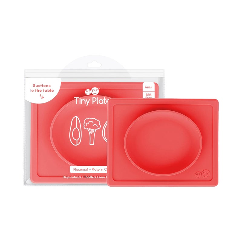 ezpz Tiny Plate (Coral) - 6 Months+ - 100% Silicone Suction Placemat + Plate for Infants - Fits on Most Highchair Trays - Baby Led Weaning Supplies - Image 1