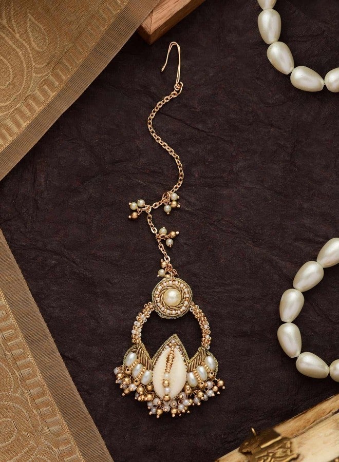 SANJOYA by EVERSTYLISH Embroidered Maang Tikka for Women | Pearl, Shell & Beads Bridal Headpiece | Traditional Ethnic Jewelry for Weddings & Festive Occasions - Image 3