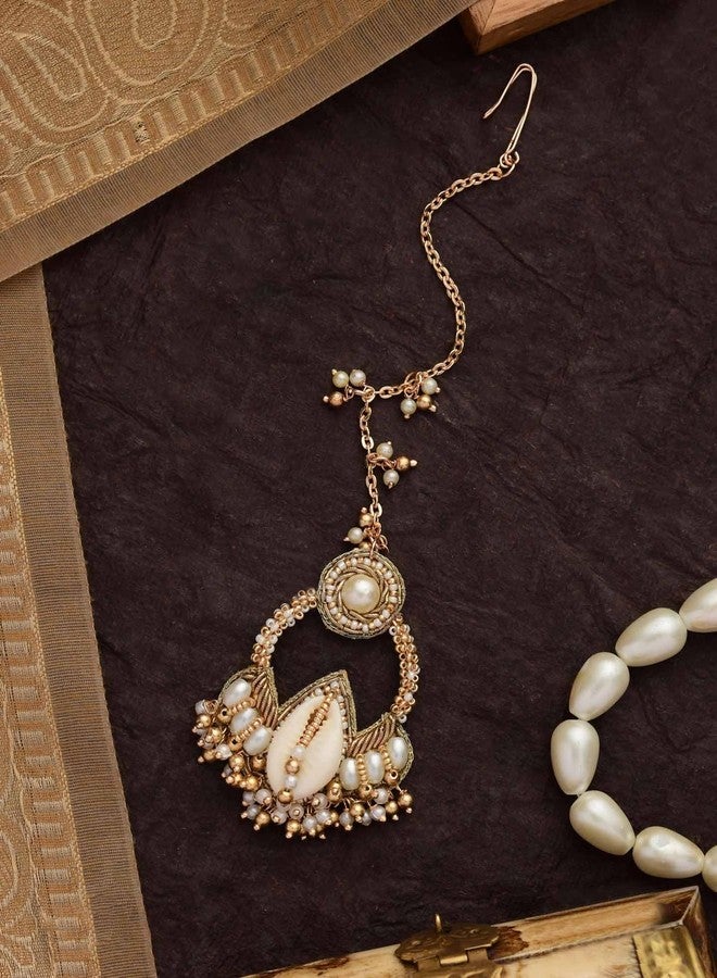 SANJOYA by EVERSTYLISH Embroidered Maang Tikka for Women | Pearl, Shell & Beads Bridal Headpiece | Traditional Ethnic Jewelry for Weddings & Festive Occasions - Image 5