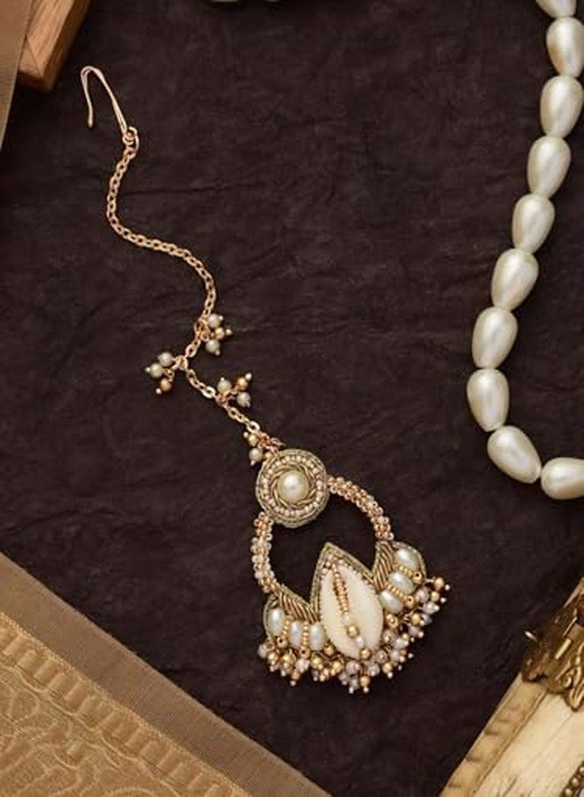SANJOYA by EVERSTYLISH Embroidered Maang Tikka for Women | Pearl, Shell & Beads Bridal Headpiece | Traditional Ethnic Jewelry for Weddings & Festive Occasions - Image 4
