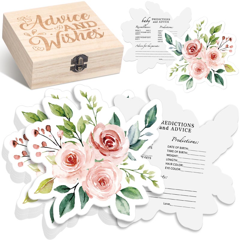 RattanView 50 Pcs Double Side Baby in Bloom Predictions & Advice Cards Flower Flora Baby Shower Decoration for New Parents Shower Games with Cards Wooden Keepsake Box for Wishes - Image 1