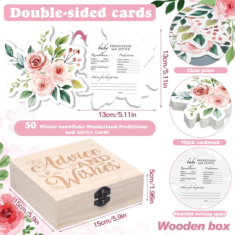 RattanView 50 Pcs Double Side Baby in Bloom Predictions & Advice Cards Flower Flora Baby Shower Decoration for New Parents Shower Games with Cards Wooden Keepsake Box for Wishes - Image 2