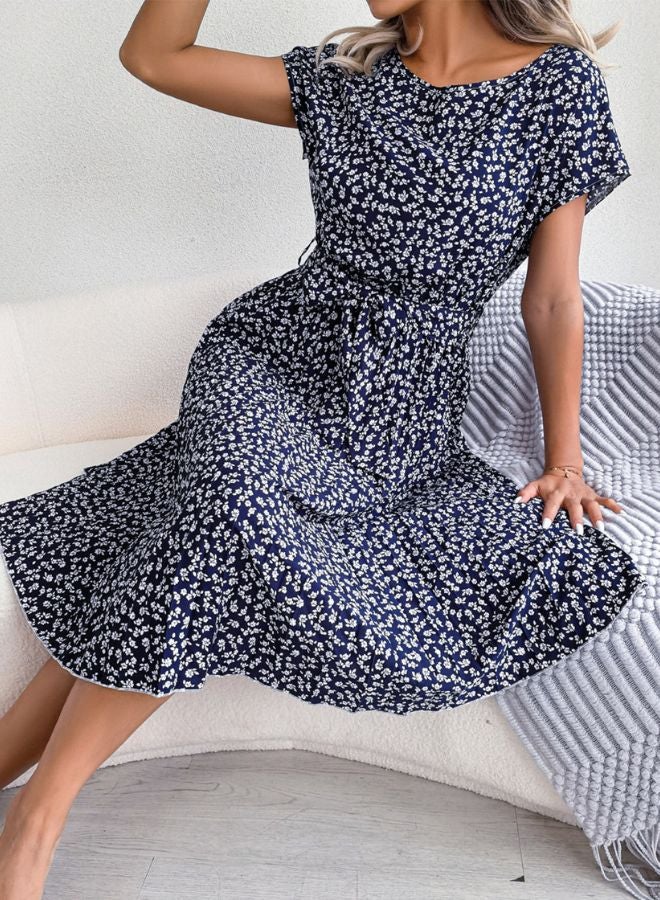Tepveisoy Women's Summer Round Neck Casual Fashion Printed Pullover Dress Short-Sleeved Floral Pleated Skirt dress  - Image 4