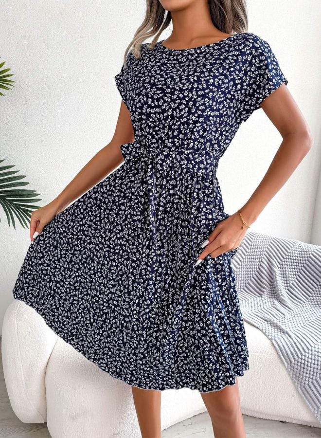 Tepveisoy Women's Summer Round Neck Casual Fashion Printed Pullover Dress Short-Sleeved Floral Pleated Skirt dress  - Image 2