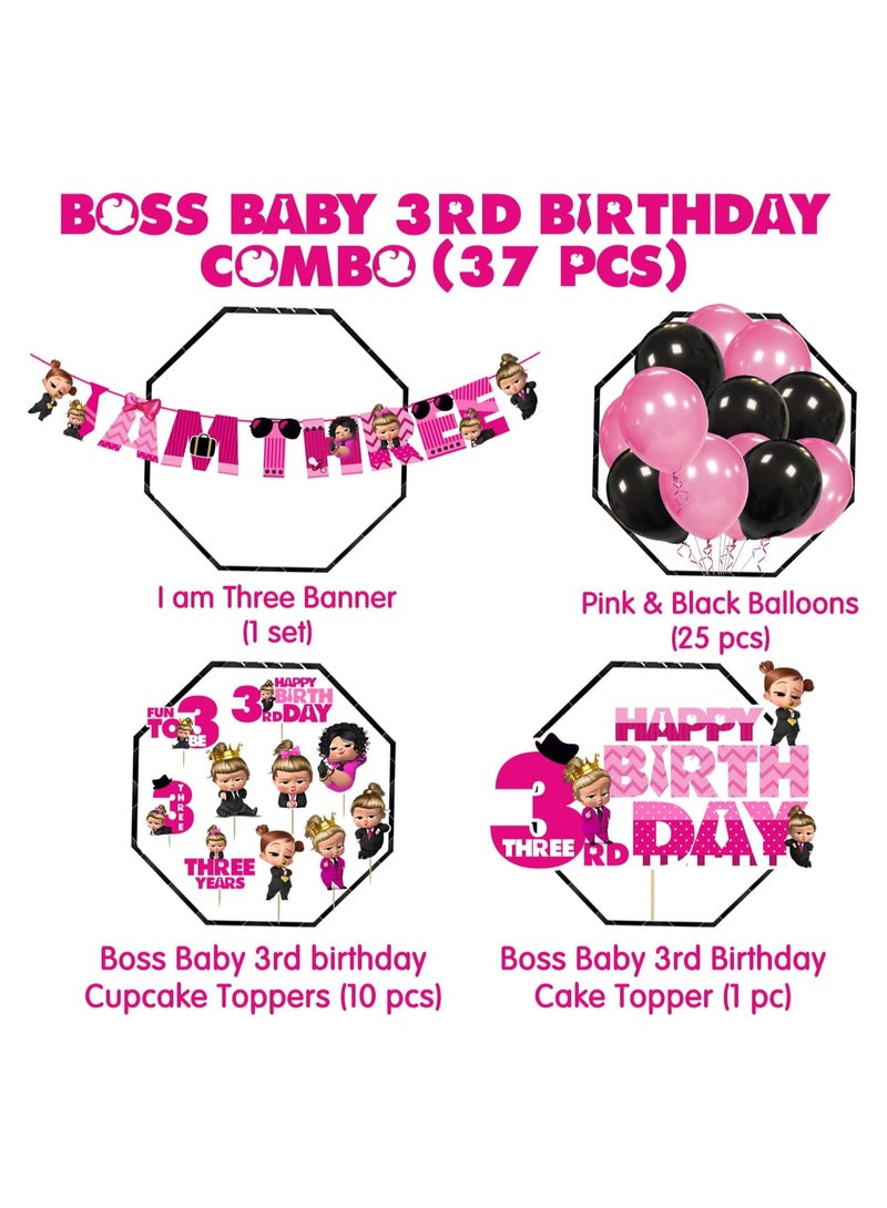 لوازم الحفلات الثالثة من Girl Baby Boss، عيد ميلاد Boss Baby للفتيات مع لافتة عيد ميلاد سعيد لتزيين الكيك (عبوة من 37 قطعة)