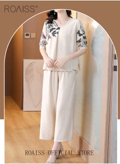 roaiss 2-Piece Women Casual Suit V Neck Design Mid Length Sleeve Shirt Fit Top Loose Straight Leg Pants Comfortable Fabric Printed Tops Solid Color Pants Elastic Waist Suitable for Daily Commuting Wear  - Image 1