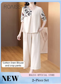 roaiss 2-Piece Women Casual Suit V Neck Design Mid Length Sleeve Shirt Fit Top Loose Straight Leg Pants Comfortable Fabric Printed Tops Solid Color Pants Elastic Waist Suitable for Daily Commuting Wear  - Image 3