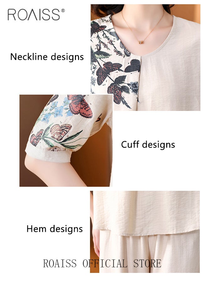 roaiss 2-Piece Women Casual Suit Crew Neck Design Mid Length Sleeve Shirt Fit Top Loose Straight Leg Pants Comfortable Fabric Printed Tops Solid Color Pants Elastic Waist Suitable for Daily Commuting Wear  - Image 5