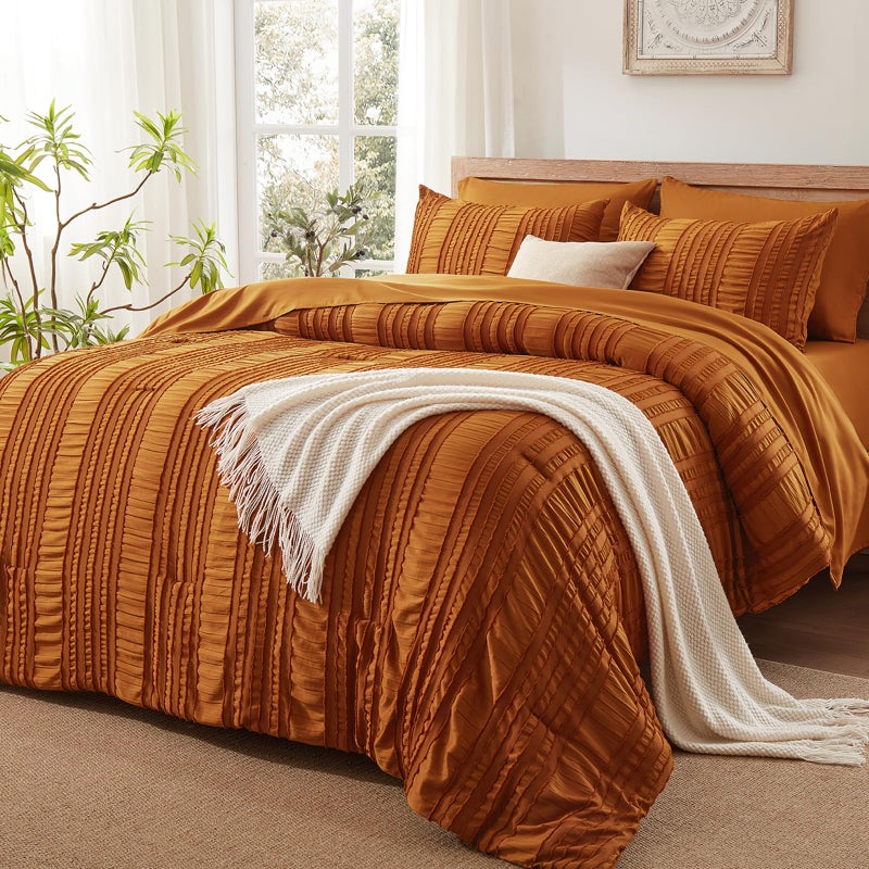 DHSFKBE Burnt Orange Tufted Textured Comforter Set Queen Size, 7 Piece Bed in a Bag，Shabby Chic Boho Bedding for Bedroom Comforter，All Season Soft Microfiber Ruffle Comforter Set with Pillow and Sheets - Image 1