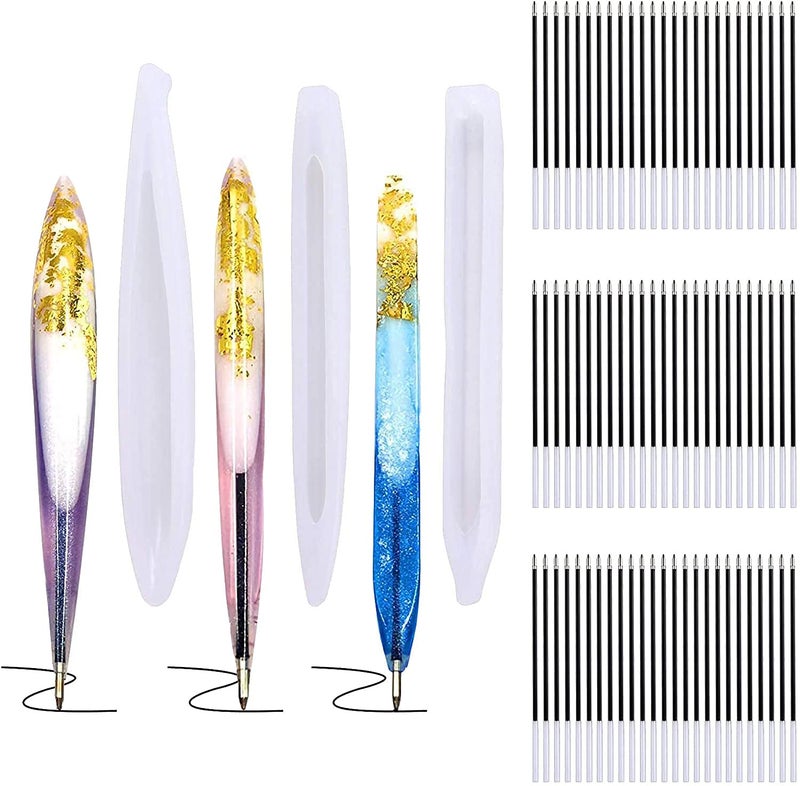 KASTWAVE 3-Piece Pen Shape Silicone Molds for DIY Resin Crafts + 75 Ballpoint Pen Refills - Perfect for Creative Projects (Black)