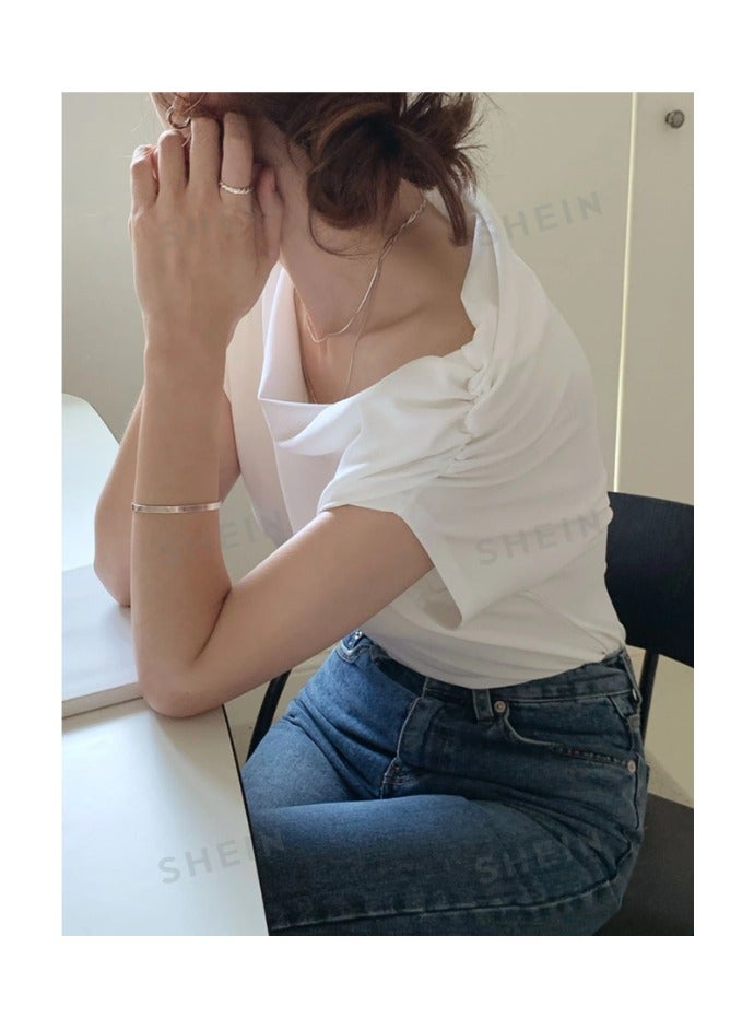 بونكا تي شيرت بأكمام الخفاش الواسعة والرقبة اللامتناظرة بلون سادة - Image 2