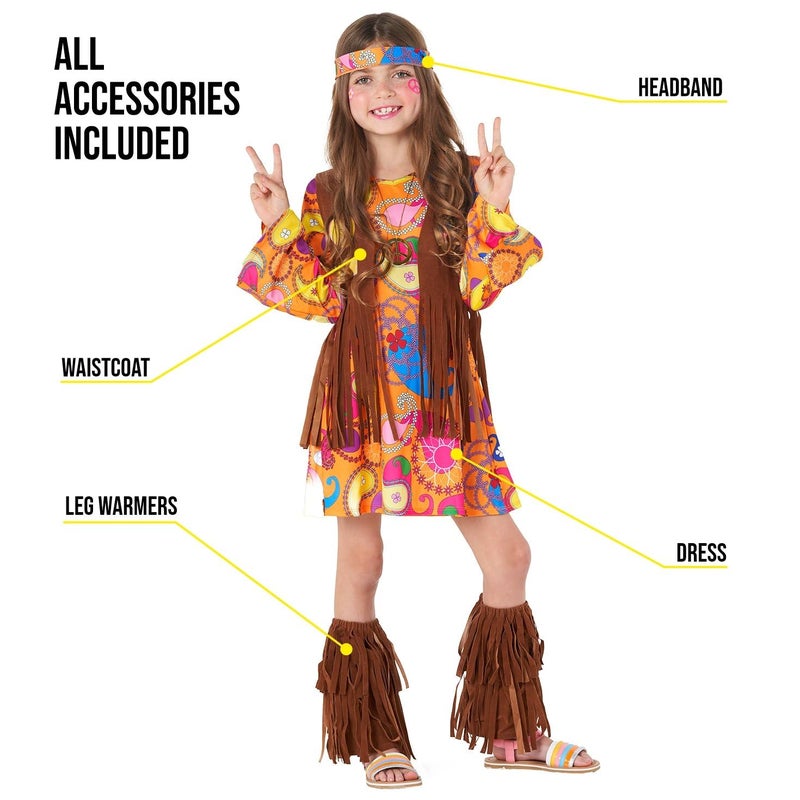 Morph Girls Hippie Costume for Kids, 70s Themed Outfit, Fun Hippie Dress for Girls, Retro Kids Costume, Small - Image 2