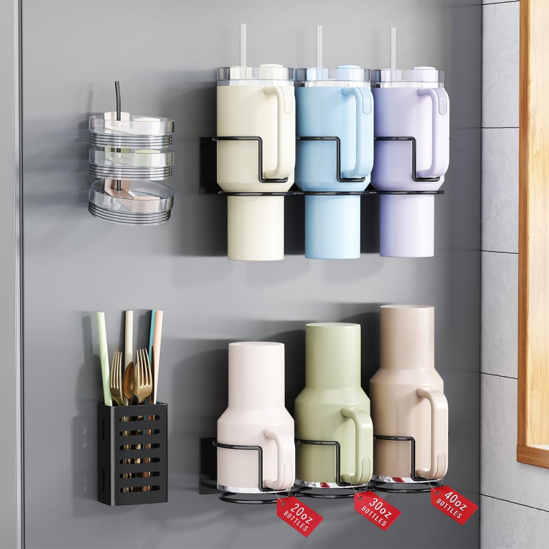 Aufworld Magnetic Stanley Cup Holder for Fridge, Aufworld Tumbler Organizer Fits 20/30/40 oz Stanley Cups, Accessory Storage with Lid & Straw Holder, Space-Saving Storage Rack for Kitchen Fridge - Image 1