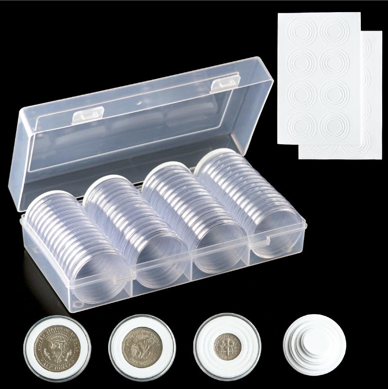 HillSpring 60 Pieces 40.6mm Coin Capsule Set, Includes 8 Sizes Adjustable Foam Gaskets and Storage Organizer Box, Coin Holders, Coin Collection Supplies - Image 1
