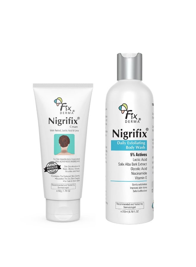 FIXDERMA كريم فيكسدرما نيغريفيكس 50 جرام + غسول الجسم المقشر 5% 200 مل | كريم لتفتيح الإبطين، الرقبة الداكنة، الكاحلين، المفاصل والمرفقين | جل استحمام مقشر للنساء والرجال - Image 1