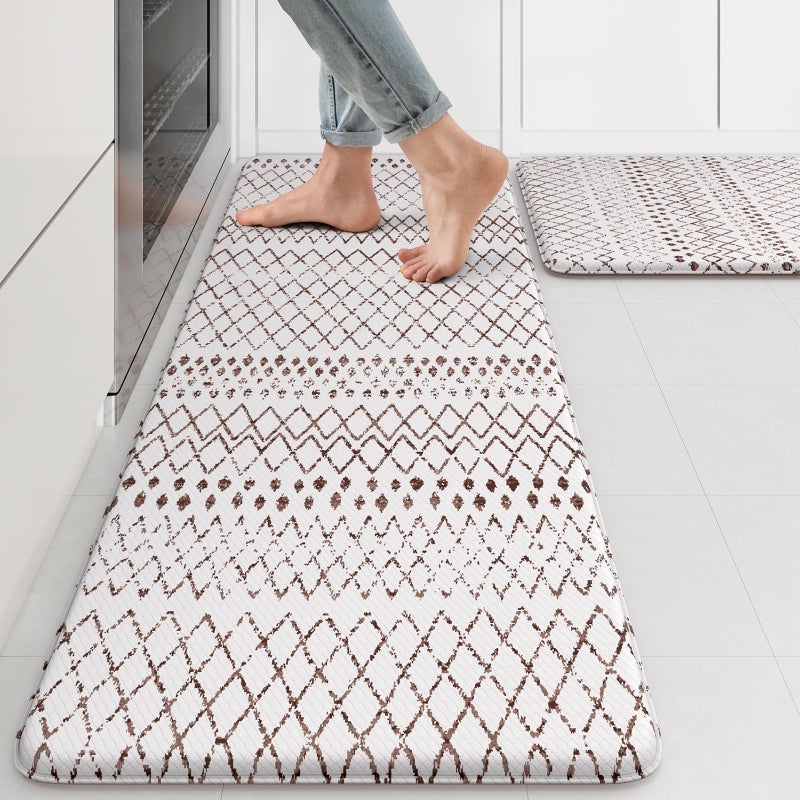 KIMODE Kitchen Mats 2PCS,Cushioned Anti Fatigue Boho Kitchen Rugs and Mats,Non Slip Waterproof Kitchen Mats for Floor,Comfort Foam Standing Desk Mat for Home,Office,Sink,Laundry,Brown and White - Image 1