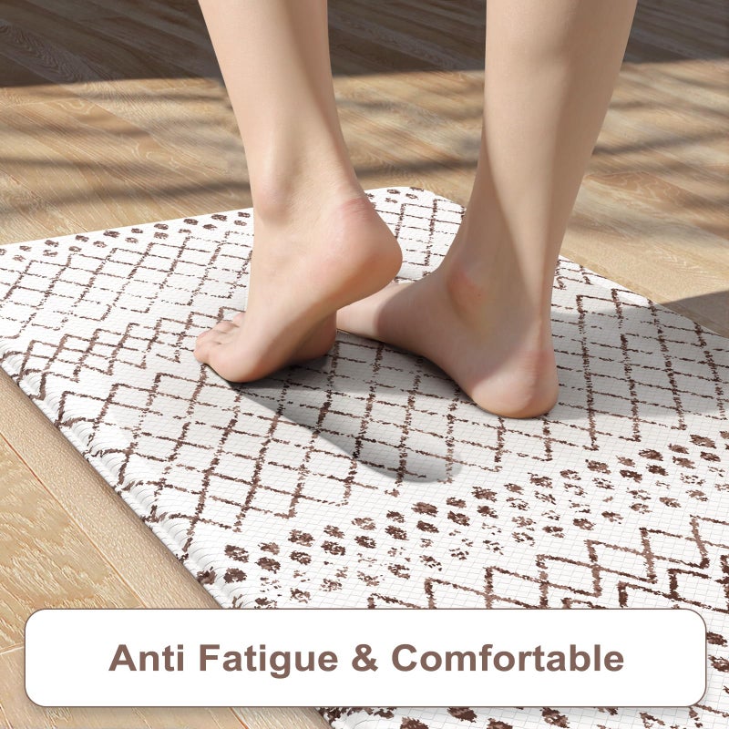 KIMODE Kitchen Mats 2PCS,Cushioned Anti Fatigue Boho Kitchen Rugs and Mats,Non Slip Waterproof Kitchen Mats for Floor,Comfort Foam Standing Desk Mat for Home,Office,Sink,Laundry,Brown and White - Image 2