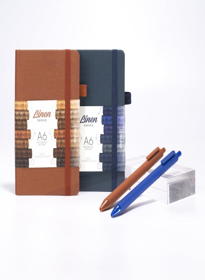 Kitabby – Linen Series – A6 Size – Hard Bound Pocket Notebook with Elastic Band – 192 Pages – 80gsm Natural Shade Paper – Linen Fabric Cover Material – Pack of 2 – (Brown + Navy Blue) - Image 1