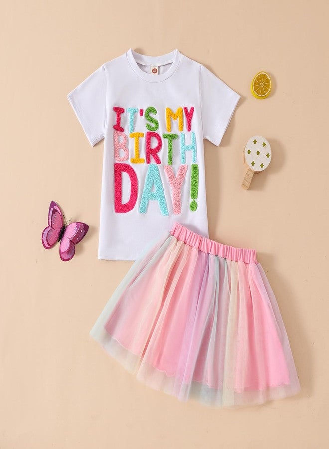 BOIZONTY Toddler Girls Summer Outfits Its My Birthday Embroidery Print Shirt Tops +Tutu Skirts Kid Birthday Dress Clothes Set (Short White My Birthday Skirts Dress,2-3T) - Image 2