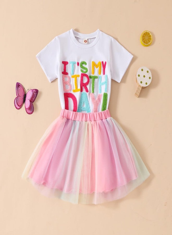 BOIZONTY Toddler Girls Summer Outfits Its My Birthday Embroidery Print Shirt Tops +Tutu Skirts Kid Birthday Dress Clothes Set (Short White My Birthday Skirts Dress,2-3T) - Image 4
