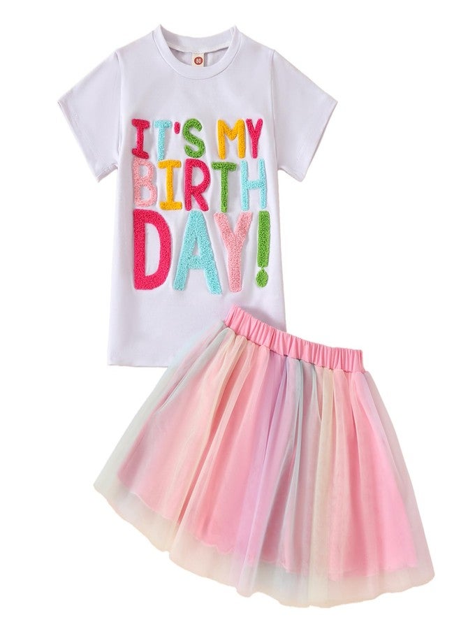 BOIZONTY Toddler Girls Summer Outfits Its My Birthday Embroidery Print Shirt Tops +Tutu Skirts Kid Birthday Dress Clothes Set (Short White My Birthday Skirts Dress,2-3T) - Image 1