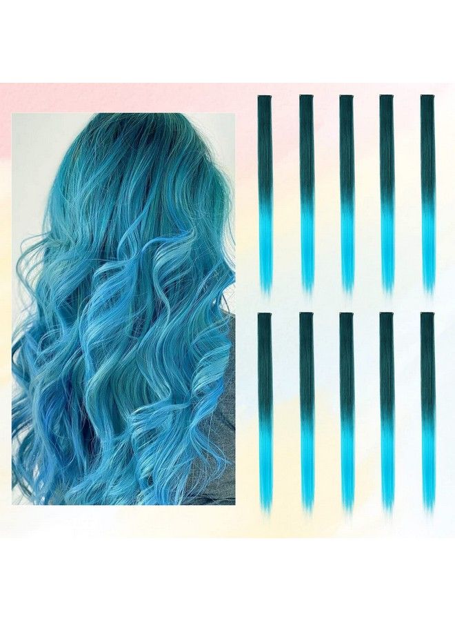 BARSDAR Colored Hair Extensions For Kids Women Barsdar 10Pcs Colored Clip In Hair Extensions Rainbow Party Highlight Synthetic Hairpieces 21 Inch Black To Black To Sky Blue Extensions - Image 2