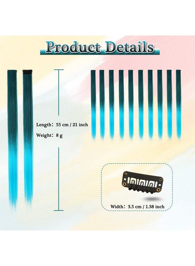 BARSDAR Colored Hair Extensions For Kids Women Barsdar 10Pcs Colored Clip In Hair Extensions Rainbow Party Highlight Synthetic Hairpieces 21 Inch Black To Black To Sky Blue Extensions - Image 3