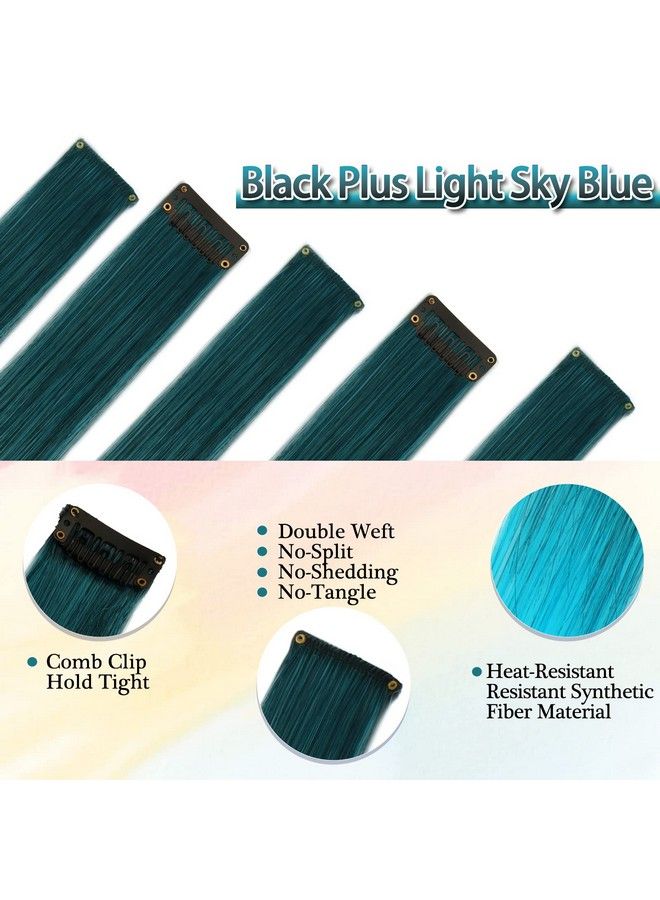 BARSDAR Colored Hair Extensions For Kids Women Barsdar 10Pcs Colored Clip In Hair Extensions Rainbow Party Highlight Synthetic Hairpieces 21 Inch Black To Black To Sky Blue Extensions - Image 4