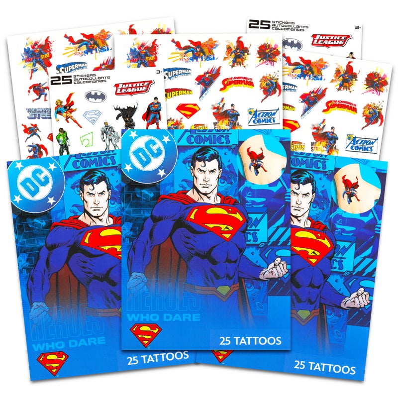 Superman Stickers & Tattoos Party Favor Pack Bundle ~ 75 Temporary Tattoos With Stickers (Superman Party Supplies) - Image 1